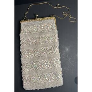 Handmade Beaded Ivory Gold-Tone Evening Bag Satin Sequin Formal Hong Kong